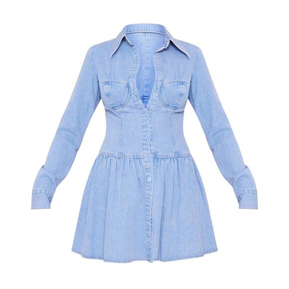 PLT Denim Corset Bustier Mini Dress Size 2 Vintage Wash Long Sleeve Peplum - Picture 1 of 14